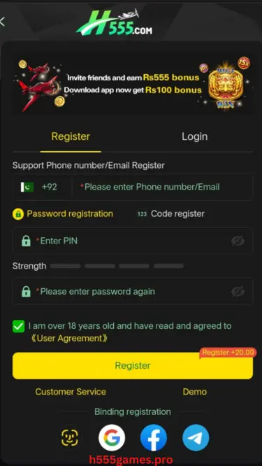 H555 Game registration page with easy sign-up steps on mobile and desktop